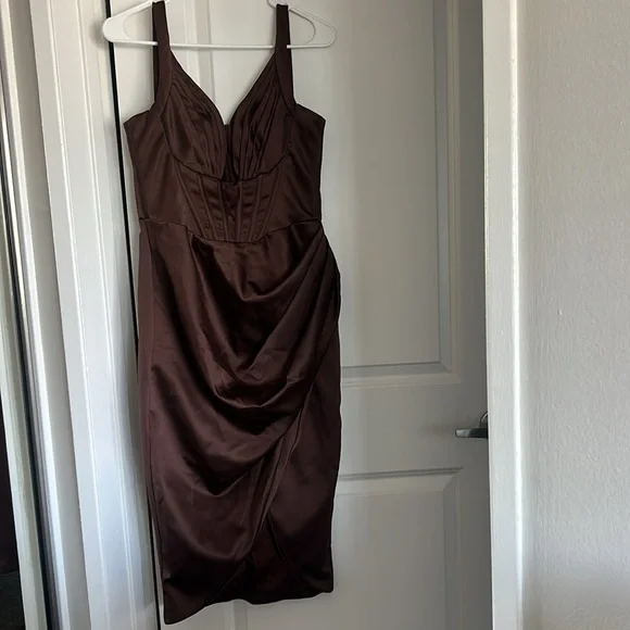 House of CB Faye Satin Pleated Corset Mini Dress in Chocolate Brown Dress Size M - Picture 2 of 14